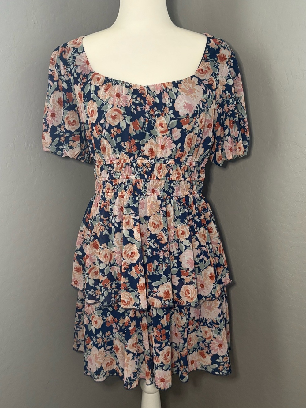 Ember Navy and Blush Floral Tiered Midi Dress